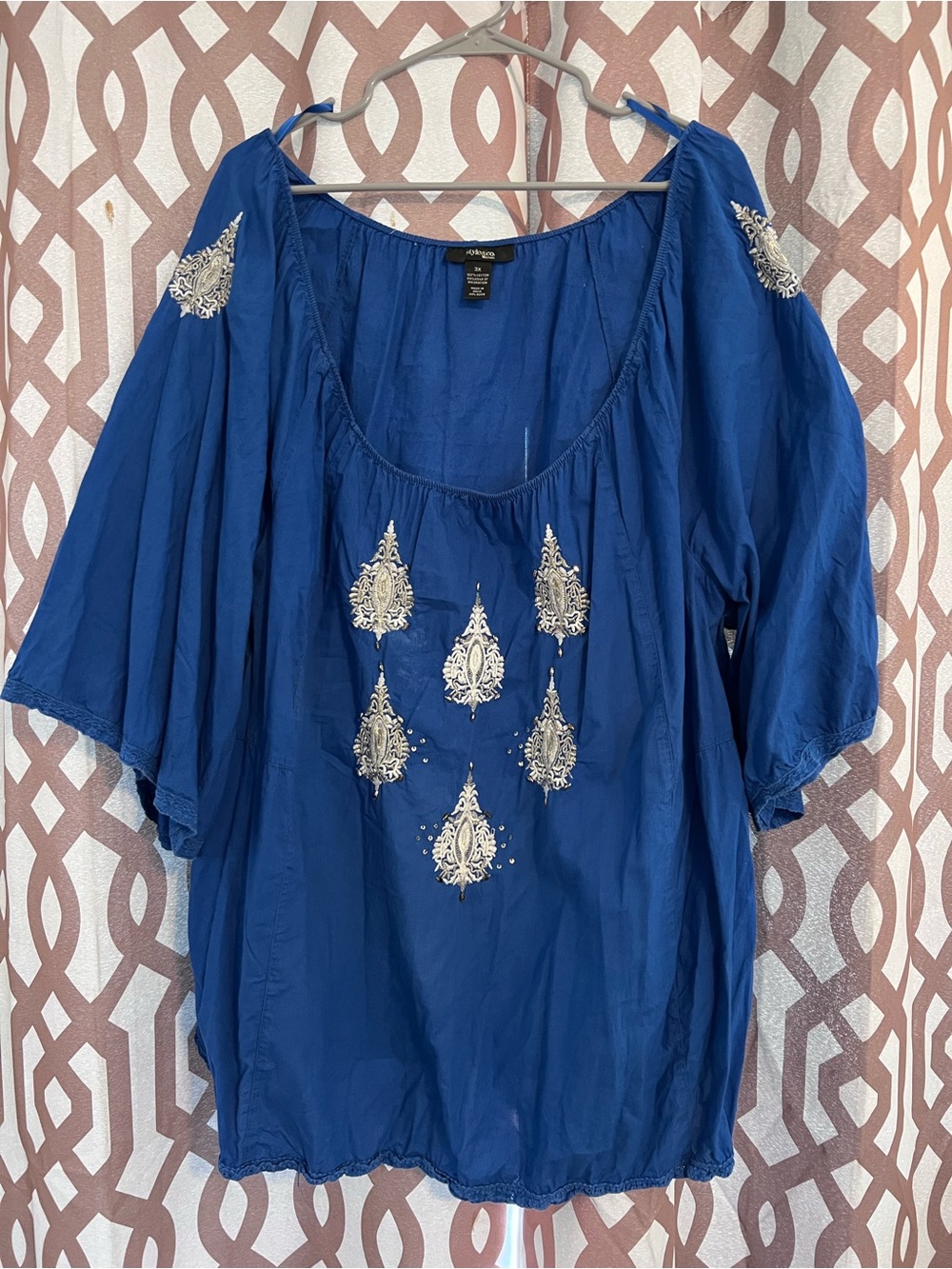 Style & Co. Royal Blue Peasant Blouse with Silver Embroidery